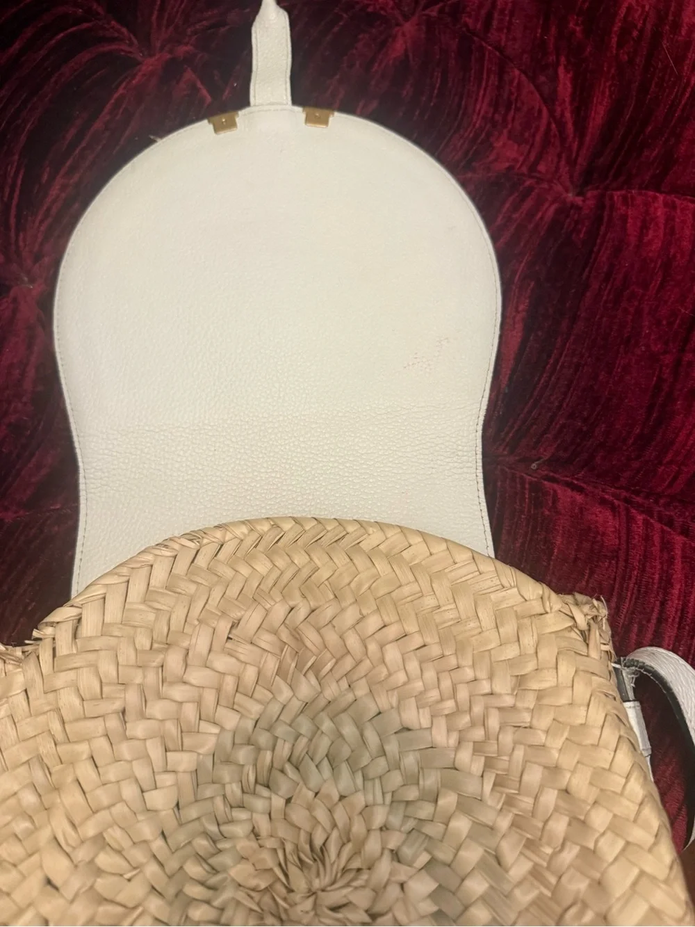 Chloe, beautiful White leather, and Straw Saddle Crossbody Bag with Gold Accent